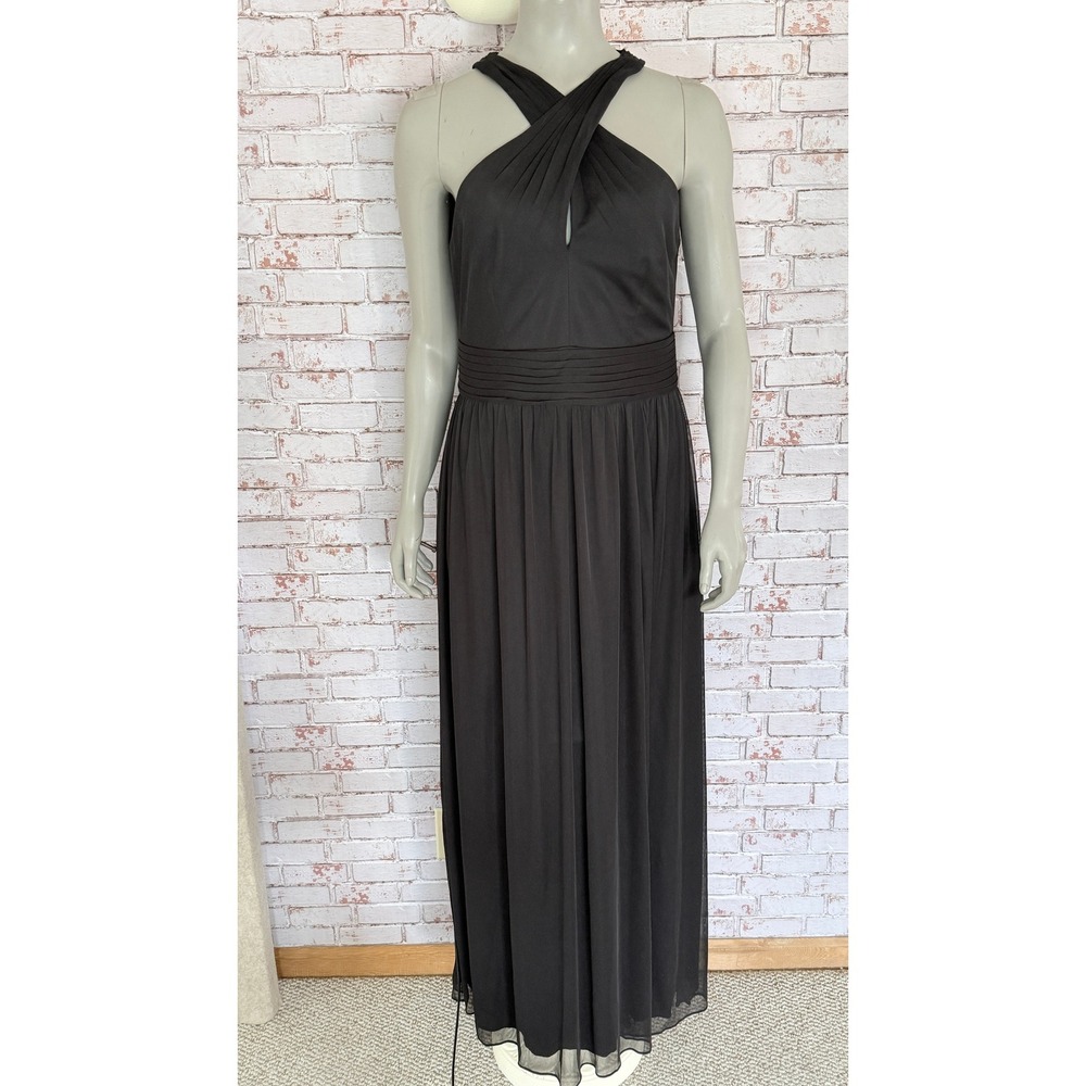 Black Mesh Crisscross Halter Maxi Dress Gown S 12 Formal Slit Prom Davids Bridal